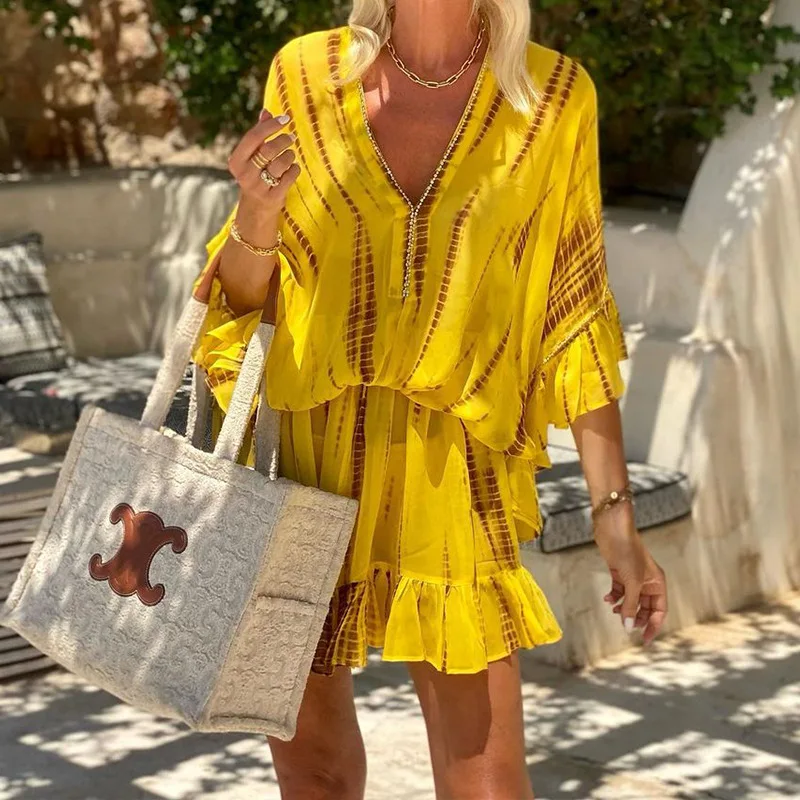 Boho Short V-neck Fashion Print Women Dress Summer 2025 Casual Loose Short Sleeve Yellow Seaside Holiday Party Dress
Boho Short V-neck Fashion Print Women Dress Summer 2025 Casual Loose Short Sleeve Yellow Seaside Holiday Party Dress