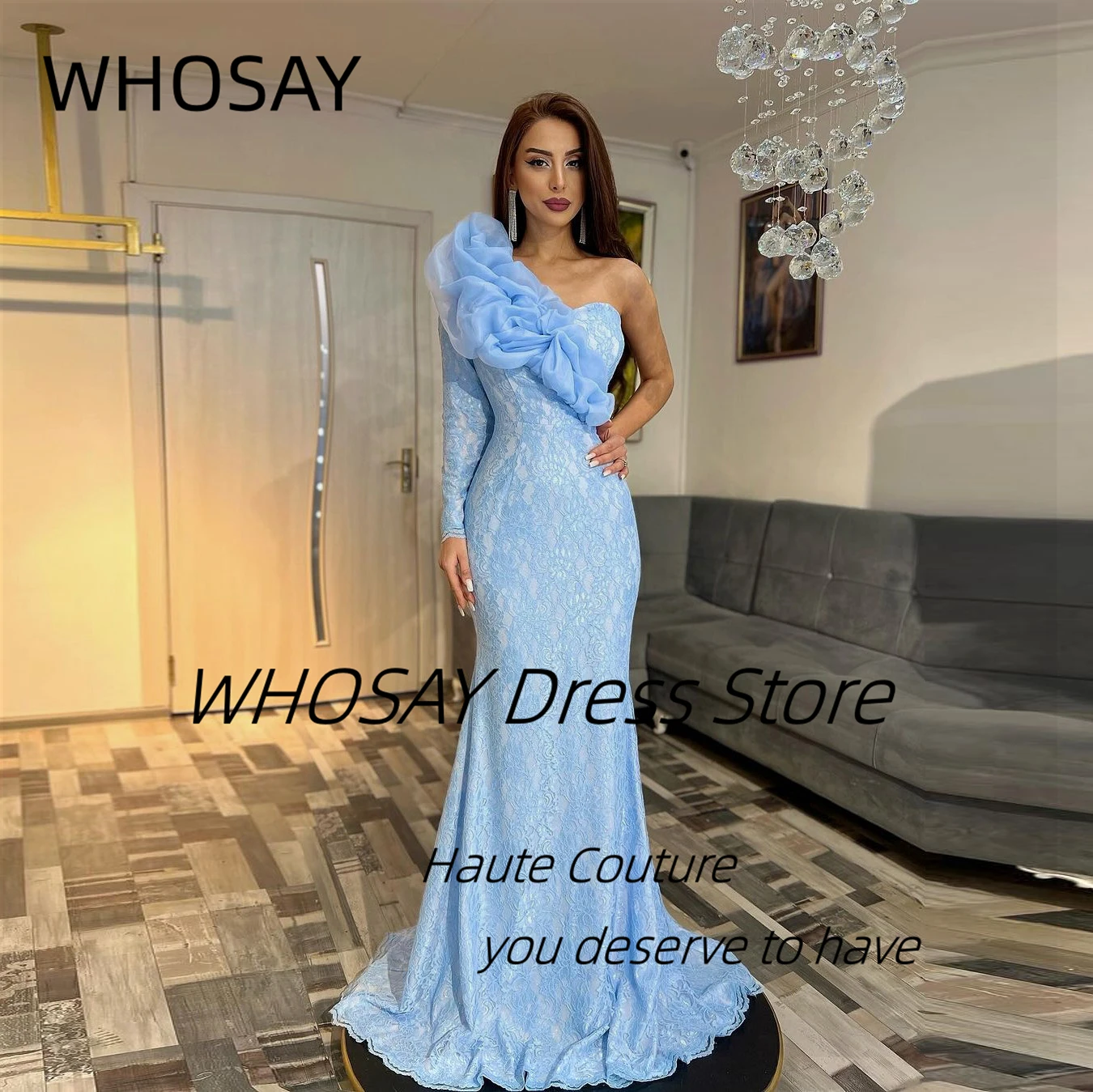 WHOSAY Sky Blue Lace Modern One Shoulder Evening Dresses Ruffles Long Sleeve Prom Party Dress for Special Banquet
WHOSAY Sky Blue Lace Modern One Shoulder Evening Dresses Ruffles Long Sleeve Prom Party Dress for Special Banquet