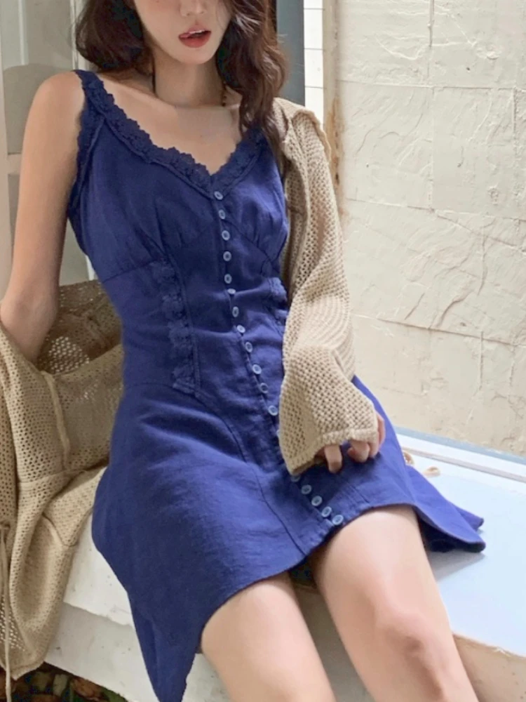 Summer Blue Retro Vintage Dress Women Lace Causal Sweet Party Mini Dress Female V-neck Korean Style Fashion Strap Dress 2023 New
Summer Blue Retro Vintage Dress Women Lace Causal Sweet Party Mini Dress Female V-neck Korean Style Fashion Strap Dress 2023 New