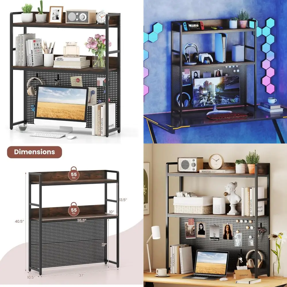 Multipurpose 2-Tier Industrial Desk Hutch with Pegboard, Countertop Storage Organizer Rack for Office and Home Use
Multipurpose 2-Tier Industrial Desk Hutch with Pegboard, Countertop Storage Organizer Rack for Office and Home Use