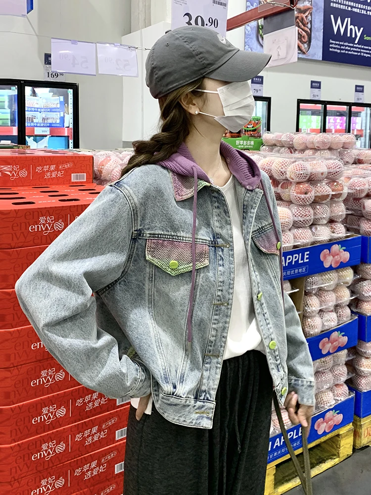 Women's Spring Autumn Color Block Knitted Hood Short Denim Jacket Petite Girls Long Sleeve Stylish Versatile Casual Coat Top
Women's Spring Autumn Color Block Knitted Hood Short Denim Jacket Petite Girls Long Sleeve Stylish Versatile Casual Coat Top