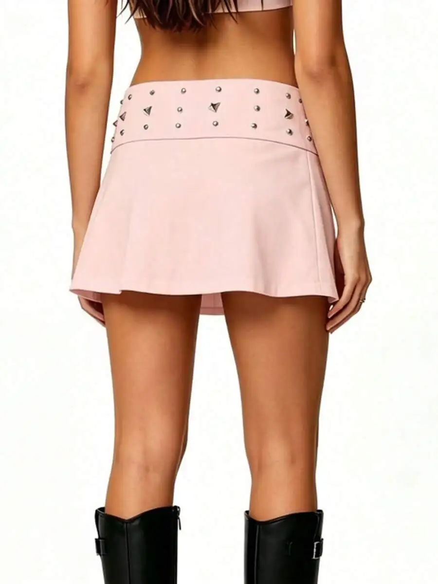 Women Low Rise Mini Skirt Solid Color Studded Fold-Over Waist A-Line Flowy Streetwear Skirt
Women Low Rise Mini Skirt Solid Color Studded Fold-Over Waist A-Line Flowy Streetwear Skirt