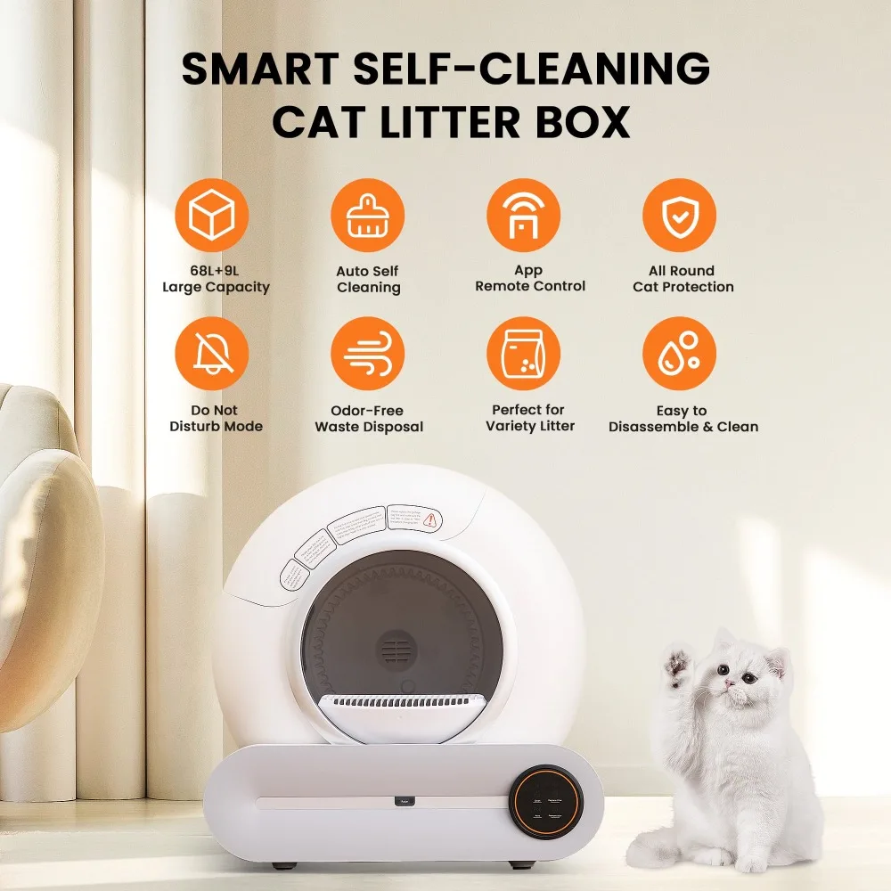 Modern Automatic Self-Cleaning Cat Litter Box, APP Control and Integrated Safety Protection, 68L+9L Large Capacity, White
Modern Automatic Self-Cleaning Cat Litter Box, APP Control and Integrated Safety Protection, 68L+9L Large Capacity, White
