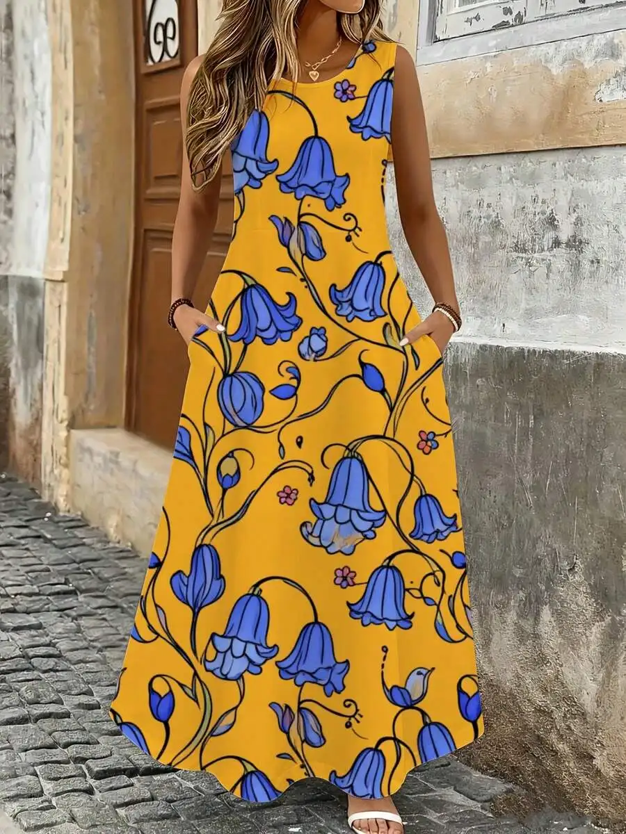 Sleeveless Maxi Dress Yellow Blue Bell Flower Print Summer Beach Vacation Outfit
Sleeveless Maxi Dress Yellow Blue Bell Flower Print Summer Beach Vacation Outfit