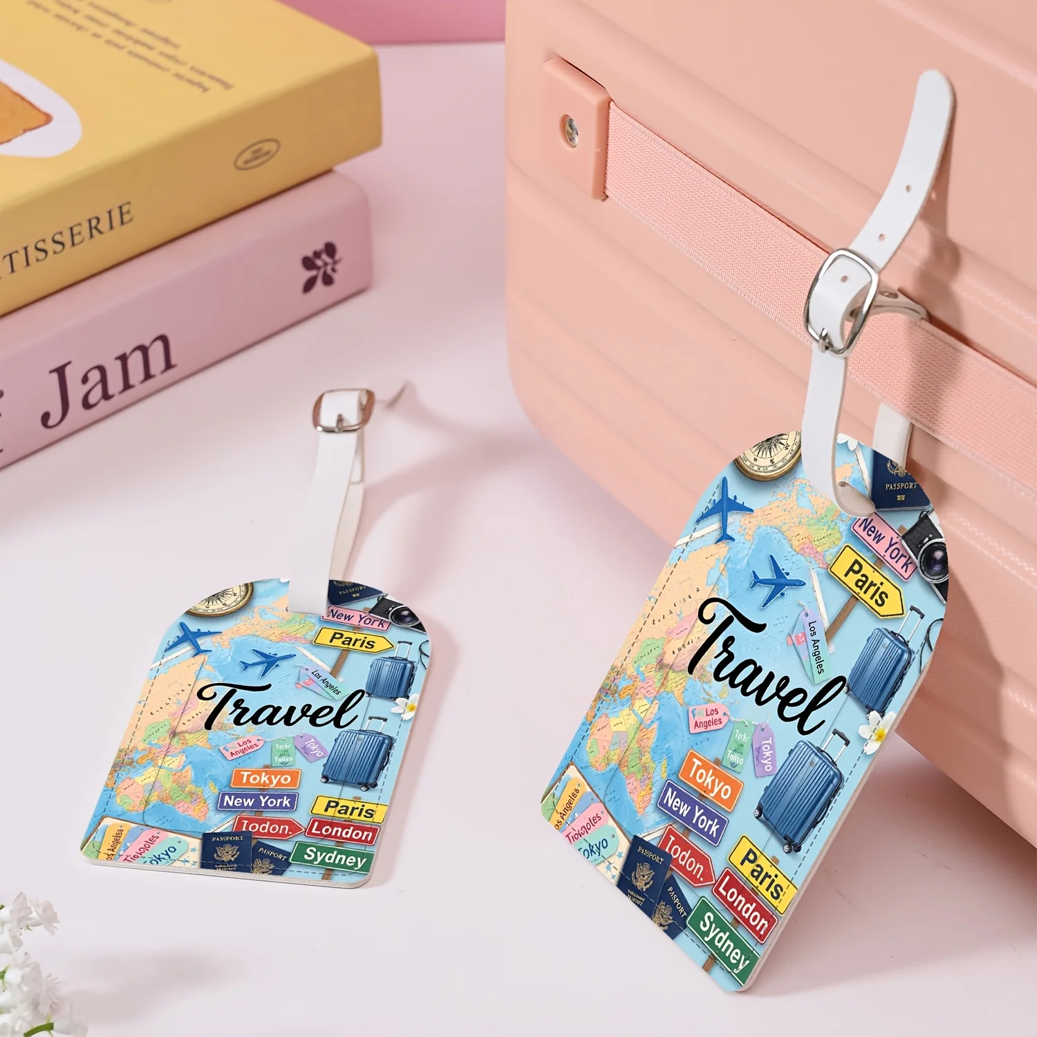 World Map and Travel Elements Pattern with Airplane Compass Passport Suitcase and City Signboards Luggage Tags PU Material
World Map and Travel Elements Pattern with Airplane Compass Passport Suitcase and City Signboards Luggage Tags PU Material