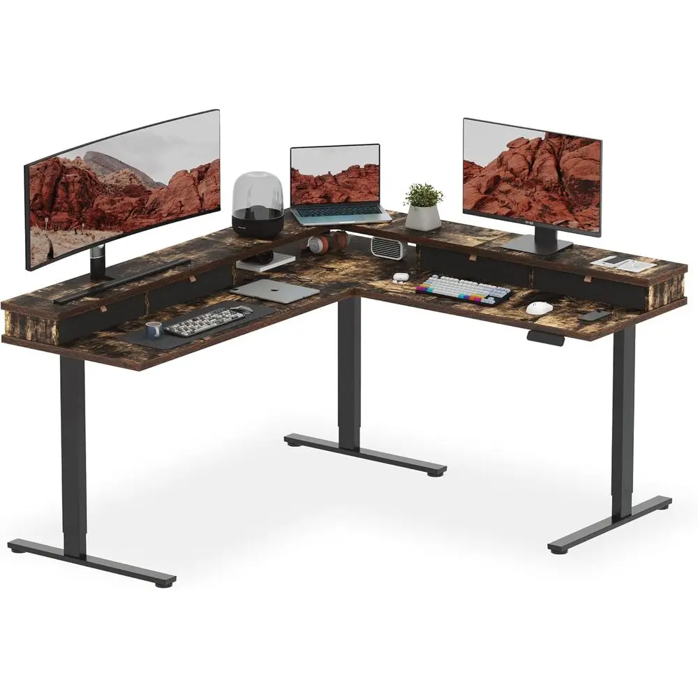 71-дюймовый L-образный стол для работы стоя с 4 ящиками, регулируемый по высоте, игровой стол с подставкой для монитора, черный/коричневый под дерево
71-дюймовый L-образный стол для работы стоя с 4 ящиками, регулируемый по высоте, игровой стол с подставкой для монитора, черный/коричневый под дерево