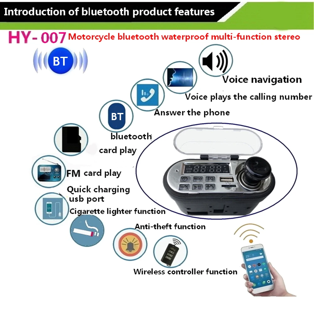 Bluetooth-compatible Motorcycle Stereo Speaker Handsfree TF Radio USB HY-007 System Charger for Outdoor Personal Motorcycle
Bluetooth-compatible Motorcycle Stereo Speaker Handsfree TF Radio USB HY-007 System Charger for Outdoor Personal Motorcycle