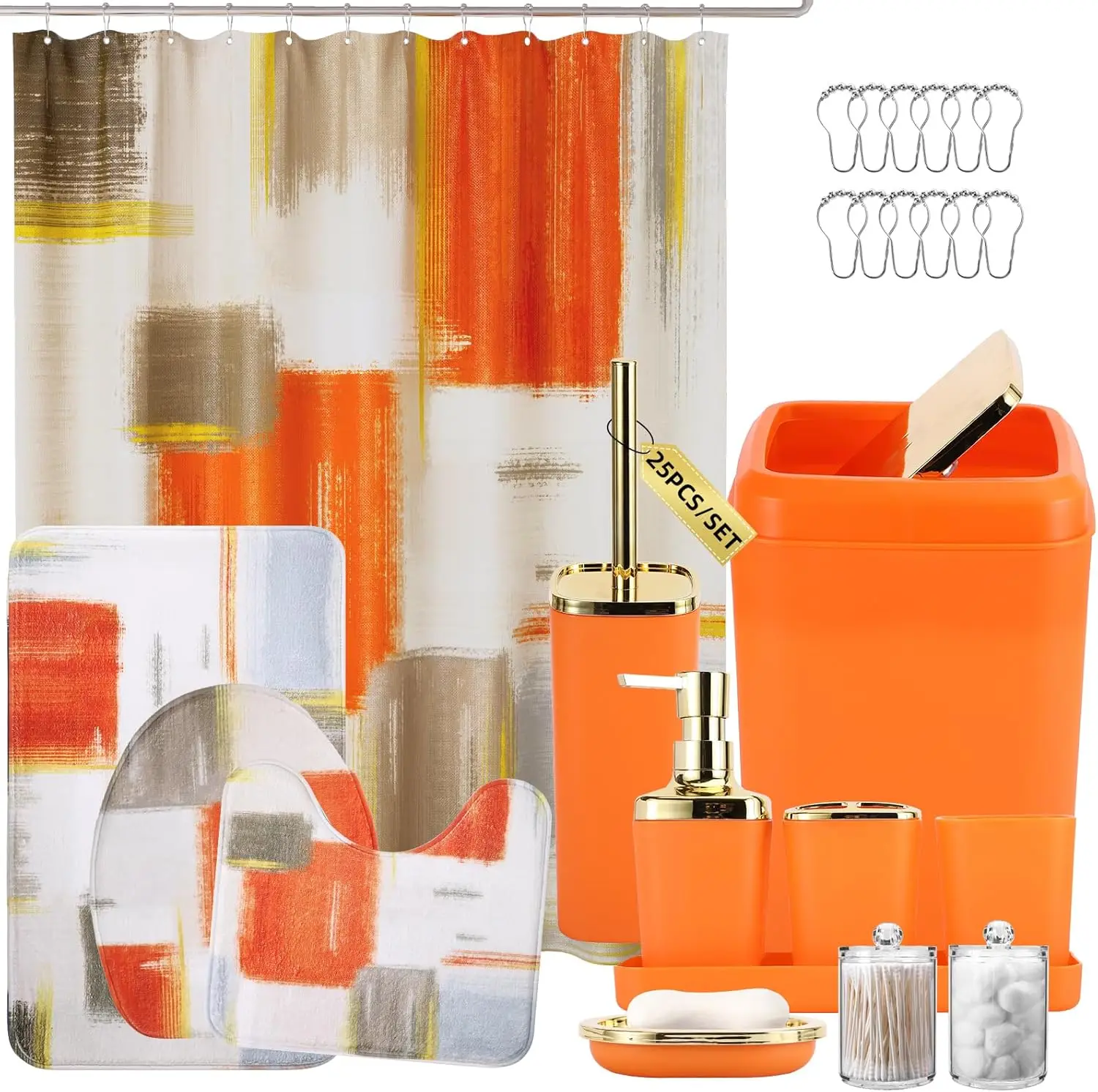 Orange Bathroom Accessories Set with Shower Curtain, Rugs, Trash Can, Soap Dispenser & Dish for Home Decor
Orange Bathroom Accessories Set with Shower Curtain, Rugs, Trash Can, Soap Dispenser & Dish for Home Decor