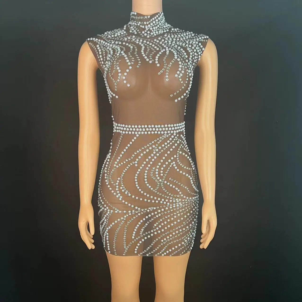 Luxury Banquet Host Evening Party Rhinestones Pearl Short Dress Sleeveless Transparent Bodycon Outfit Singer Shiny Stage Costume
Luxury Banquet Host Evening Party Rhinestones Pearl Short Dress Sleeveless Transparent Bodycon Outfit Singer Shiny Stage Costume