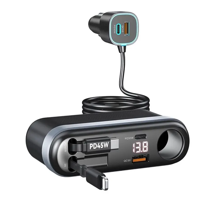 A98M Retractable 45W USB-C/30W Lightning Cable With LED Voltage Display And 7-In-1 Car Cigarette Lighter Adapter
A98M Retractable 45W USB-C/30W Lightning Cable With LED Voltage Display And 7-In-1 Car Cigarette Lighter Adapter