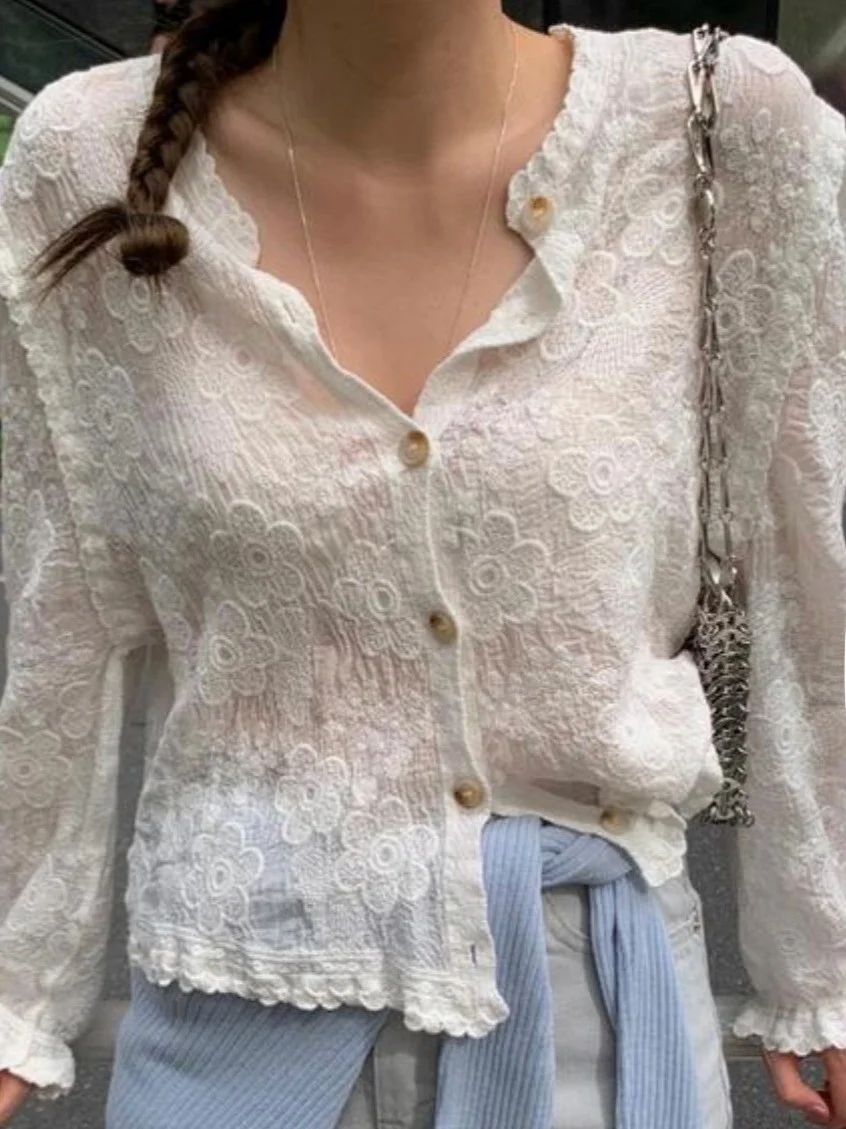 Chic Lace irt Women's Sweet d round Ne Embroidered Flower Design Sense Top Long Sve Commute Sle Pure Color
Chic Lace irt Women's Sweet d round Ne Embroidered Flower Design Sense Top Long Sve Commute Sle Pure Color