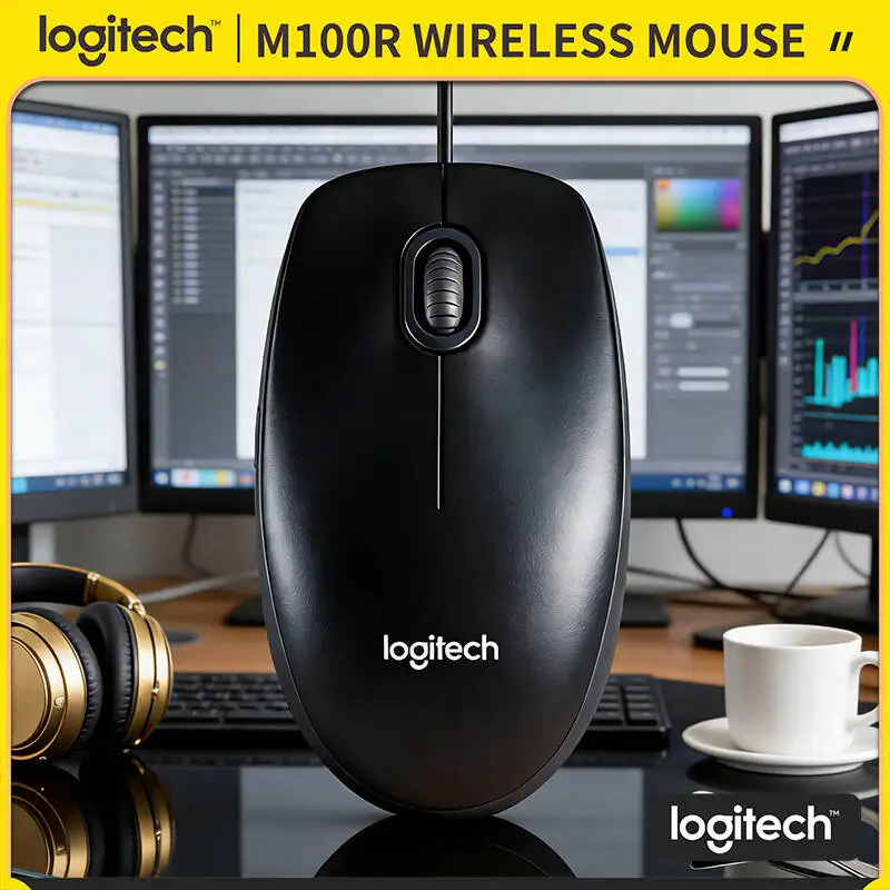 High-Performance Logitech M100R Optical Wired Mouse 1000DPI 3-Button Scroll Durable Design for Office Home School Laptop Set