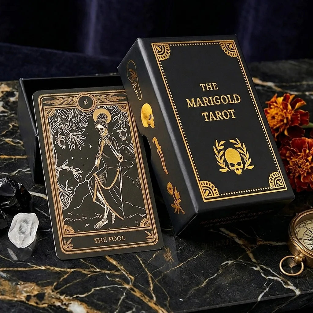 The Marigold Tarot Deck: 78 Pcs Cards Rooted in Life, Death, and Gold, Packed in Rigid Box (double-embossed Cardstock) 12*7cm
The Marigold Tarot Deck: 78 Pcs Cards Rooted in Life, Death, and Gold, Packed in Rigid Box (double-embossed Cardstock) 12*7cm