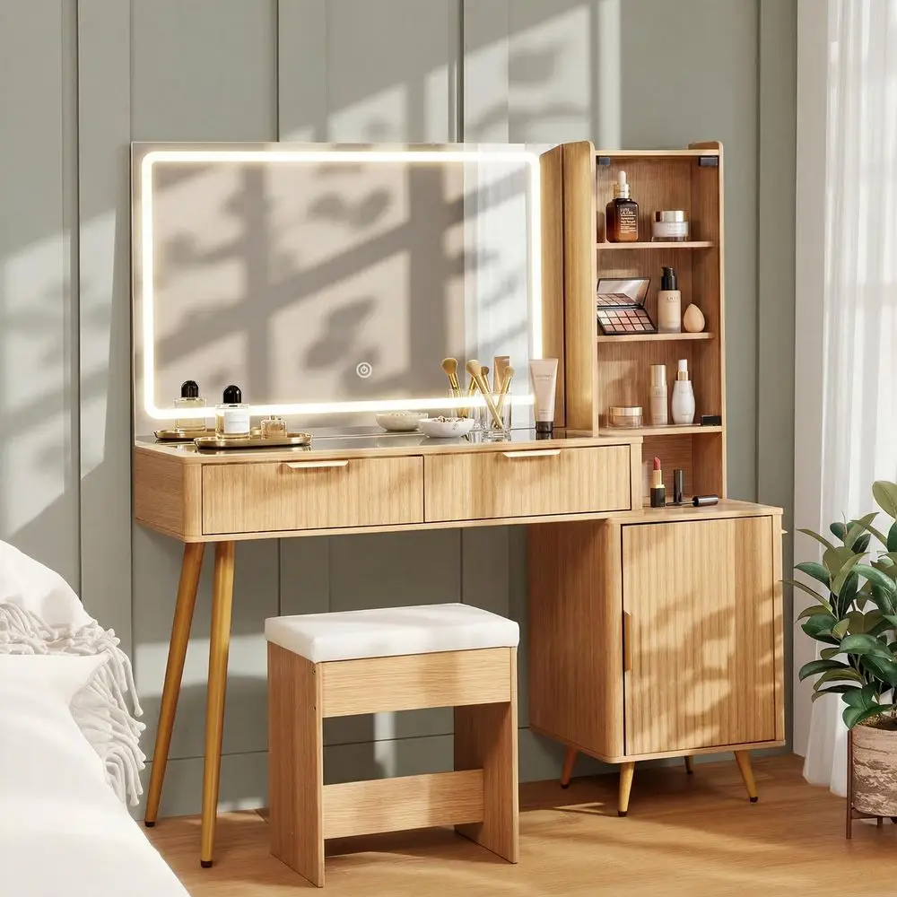 Makeup Vanity Desk with Upholstered Stool for Women, 40 Wooden Vanity Table with Mirror and Lights, Modern Glass Top, Adjustabl
Makeup Vanity Desk with Upholstered Stool for Women, 40 Wooden Vanity Table with Mirror and Lights, Modern Glass Top, Adjustabl