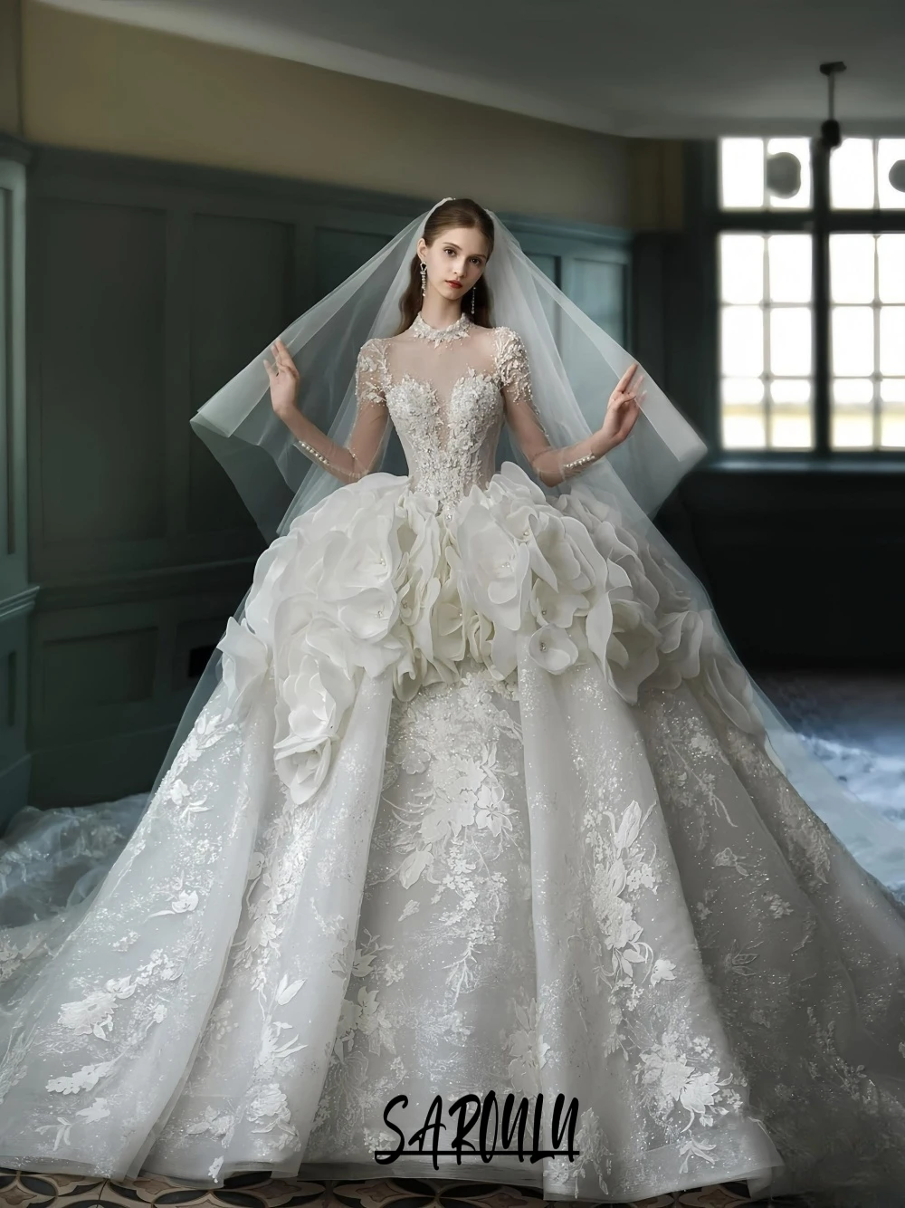 Delicate White Lace Ball Gown For Women Princess 3D Flowers Charming High Neck Customized Shiny Bride Wear New Arrival
Delicate White Lace Ball Gown For Women Princess 3D Flowers Charming High Neck Customized Shiny Bride Wear New Arrival