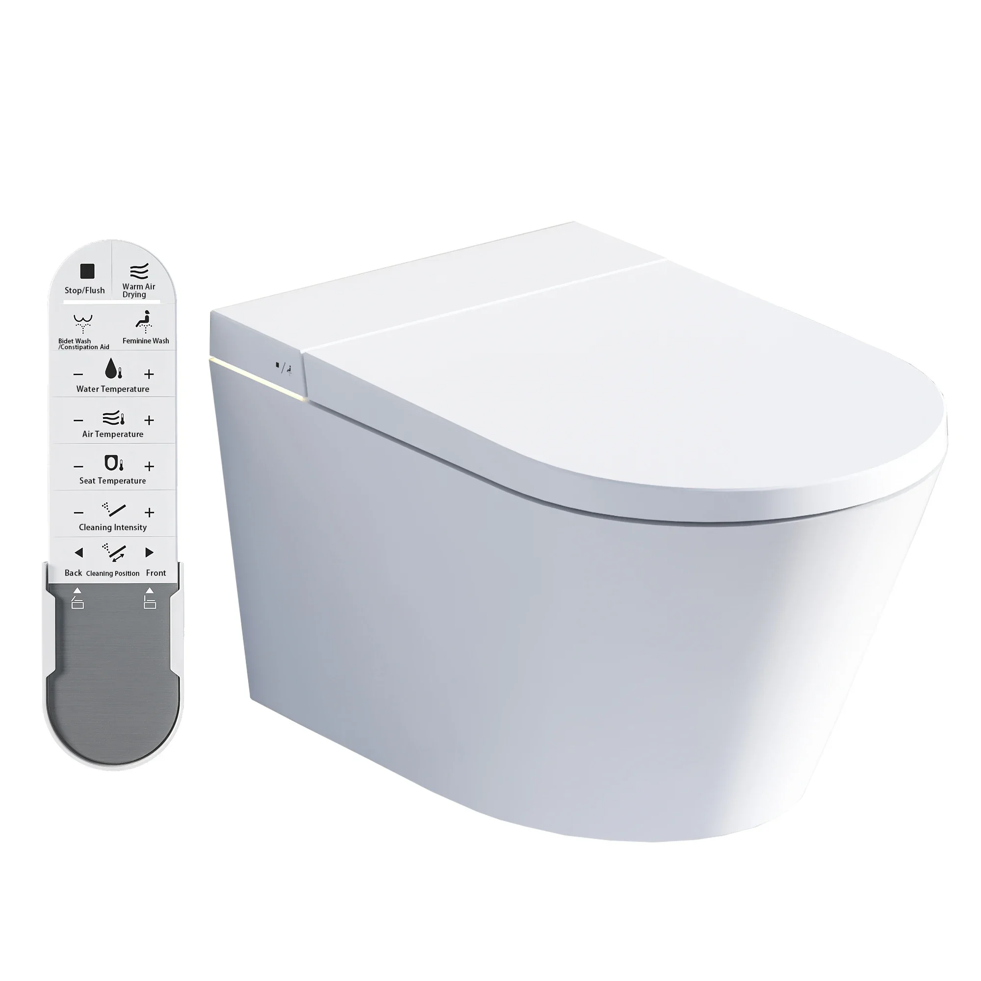 Wall-Hung Smart Toilet with Elongated Bowl Heated Seat Remote Control & Auto Flush Stand-up Feature Featuring Sensor Seat Ring
Wall-Hung Smart Toilet with Elongated Bowl Heated Seat Remote Control & Auto Flush Stand-up Feature Featuring Sensor Seat Ring