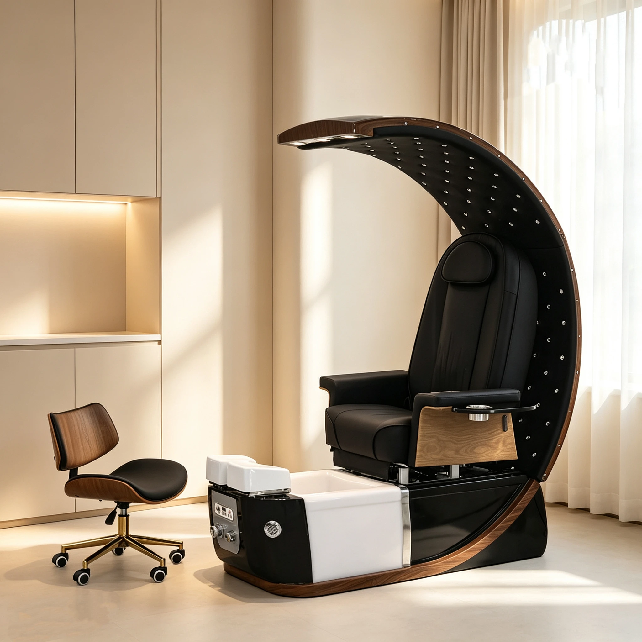Luxury Moon-Shape Pedicure Chair with Massage & Spa Function, Integrated chair with LED lights for nail and foot care
Luxury Moon-Shape Pedicure Chair with Massage & Spa Function, Integrated chair with LED lights for nail and foot care