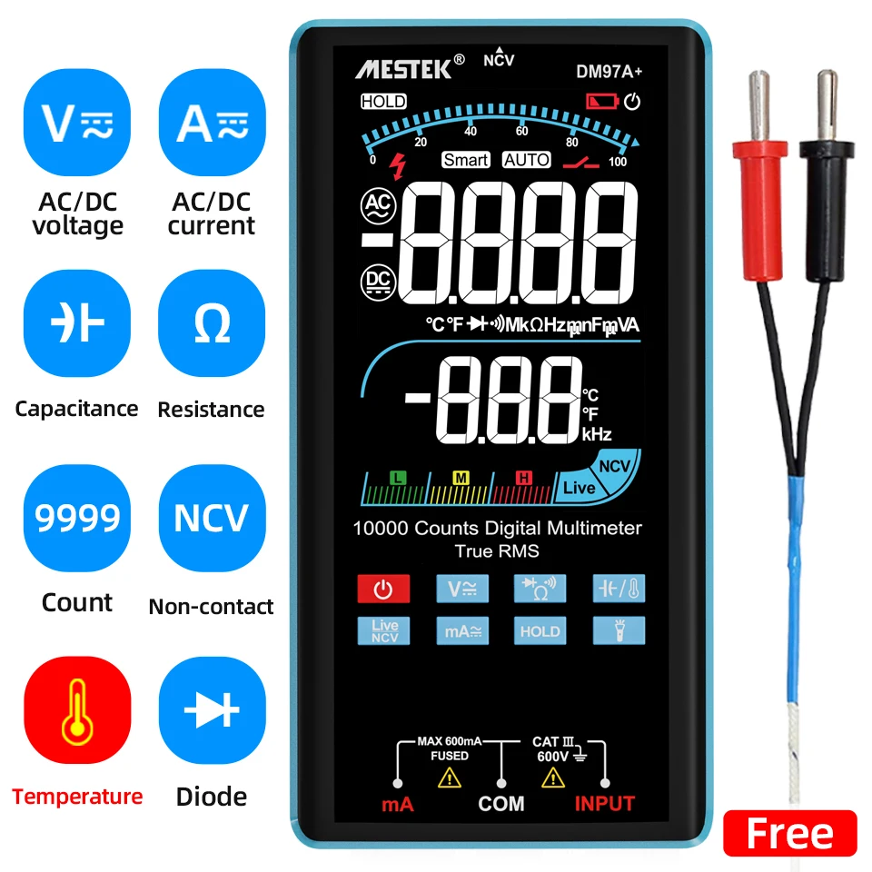 MESTEK 9999 Counts Digital Multimeter True RMS AC DC NCV Smart Multimetro Tester Ohm Capacitance Hz Voltage Meter Multimeters
MESTEK 9999 Counts Digital Multimeter True RMS AC DC NCV Smart Multimetro Tester Ohm Capacitance Hz Voltage Meter Multimeters