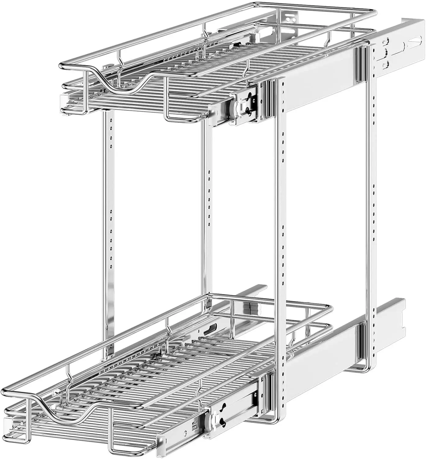 2 Tier Pull Out Cabinet Organizer, Chrome Finish, 7.5"W x 21.5"D, Double Drawers for Kitchen Pantry
2 Tier Pull Out Cabinet Organizer, Chrome Finish, 7.5"W x 21.5"D, Double Drawers for Kitchen Pantry