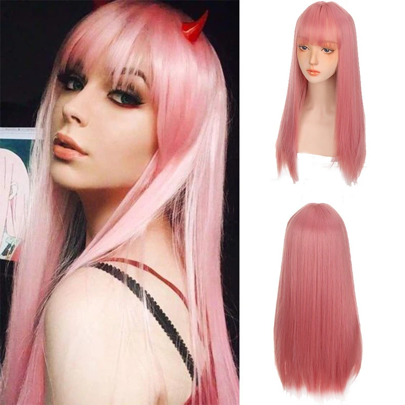 Women's long straight natural high-temperature synthetic fiber full wig with pink bangs
Women's long straight natural high-temperature synthetic fiber full wig with pink bangs