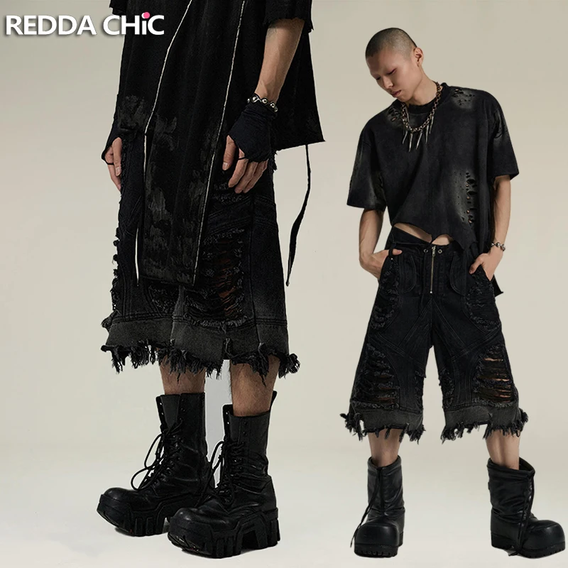 REDDACHiC Stitch Raw Hem Мужские джинсовые шорты с рваными дырками и люверсами на молнии с широкими штанинами Повседневные брюки-бермуды в стиле гранж-панк Уличная одежда-карго 
REDDACHiC Stitch Raw Hem Мужские джинсовые шорты с рваными дырками и люверсами на молнии с широкими штанинами Повседневные брюки-бермуды в стиле гранж-панк Уличная одежда-карго