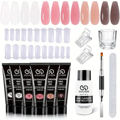 Kit d'extension d'ongles en polygel, comprenant des couleurs blanc, rose et marron, avec 30 ml de Synovate, 20 plaques à ongles et divers coloris.