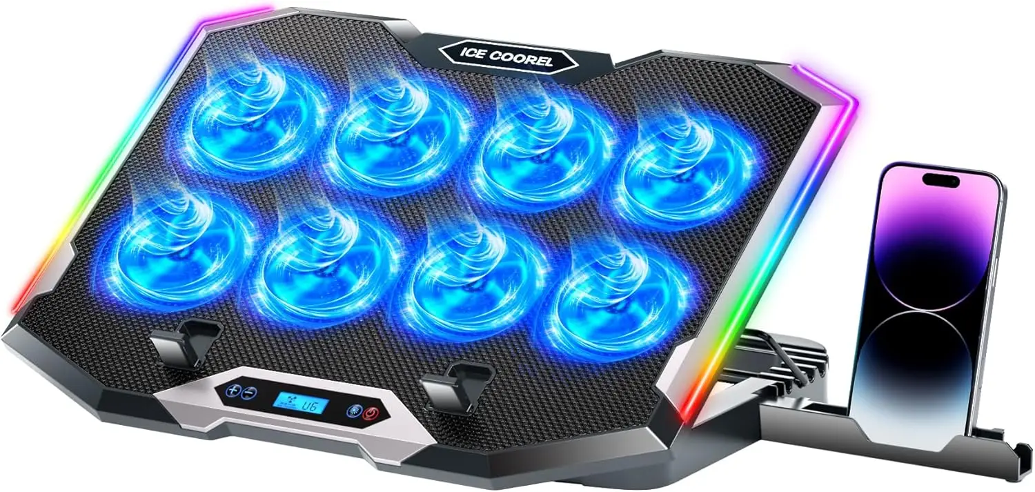 8-Fan Gaming Laptop Cooling Pad with RGB Lights, Adjustable Height for 15-17.3 Inch Notebooks
8-Fan Gaming Laptop Cooling Pad with RGB Lights, Adjustable Height for 15-17.3 Inch Notebooks