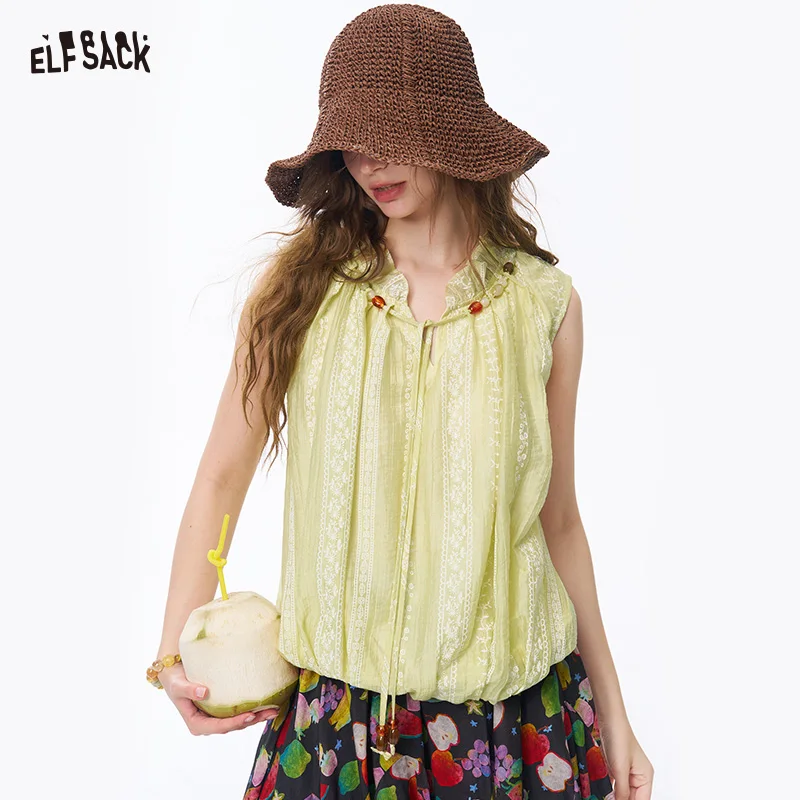 ELFSACK Women's Lace Sleeveless Blouse with Ruffle Neck & Wooden Buttons, Tie Neck Loose Vest Top for Daily
ELFSACK Women's Lace Sleeveless Blouse with Ruffle Neck & Wooden Buttons, Tie Neck Loose Vest Top for Daily