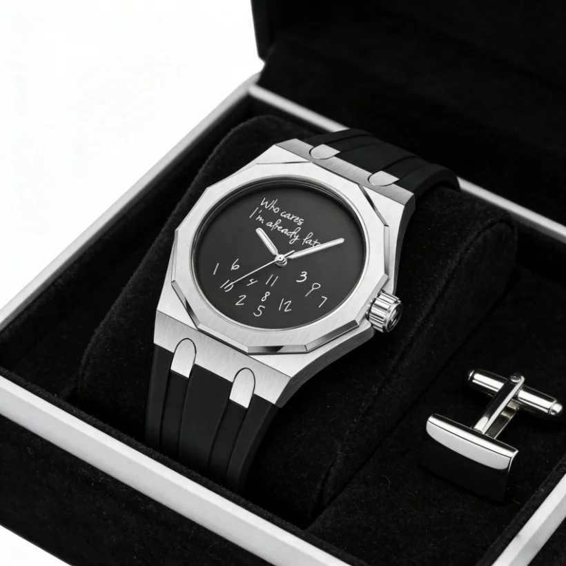 Luxury Men's Octagon Case Watch with Silicone Strap Waterproof Wristwatch "Who Cares I'm Already Late" Fun Slogan Dial
Luxury Men's Octagon Case Watch with Silicone Strap Waterproof Wristwatch "Who Cares I'm Already Late" Fun Slogan Dial