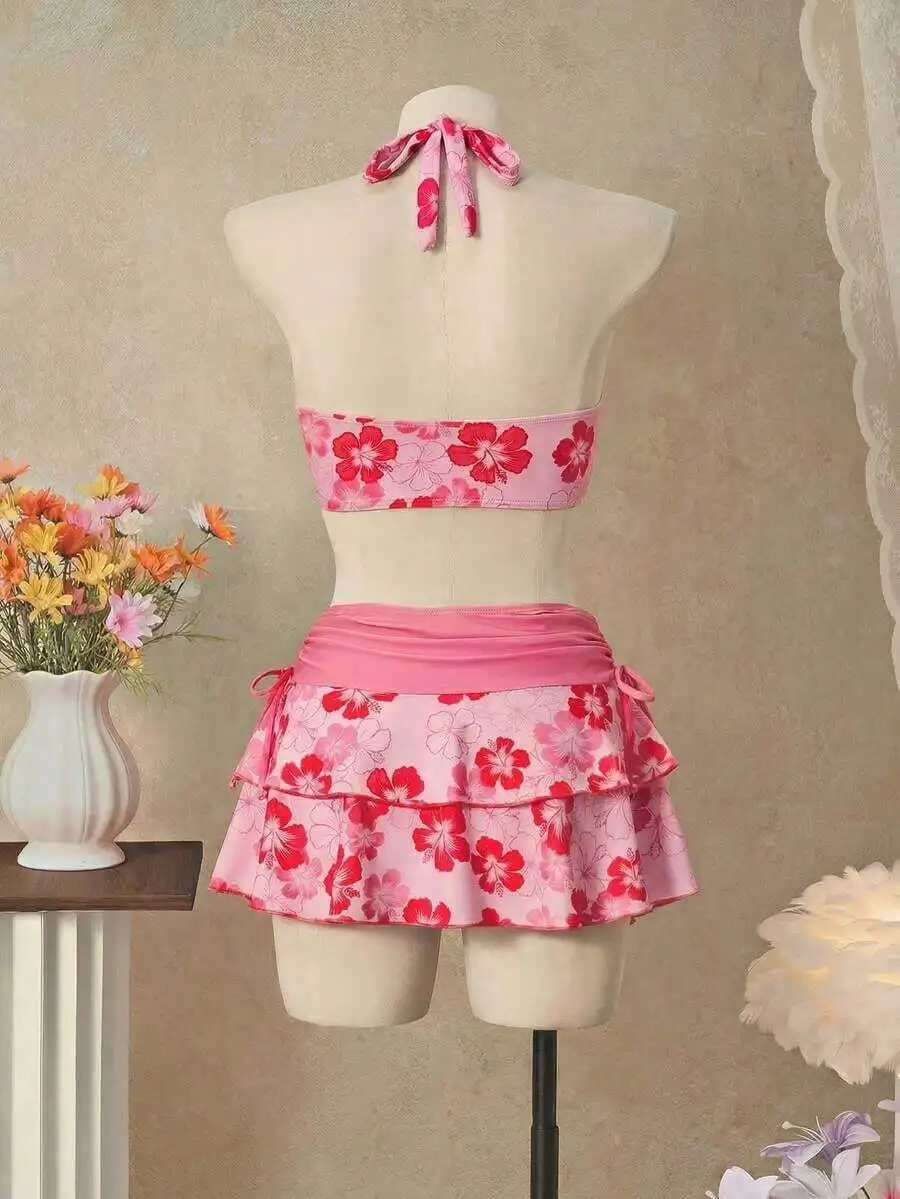 Pink Floral Halter Triangle Bikini Top With Matching Skirt Set Beach Resort Wear
Pink Floral Halter Triangle Bikini Top With Matching Skirt Set Beach Resort Wear