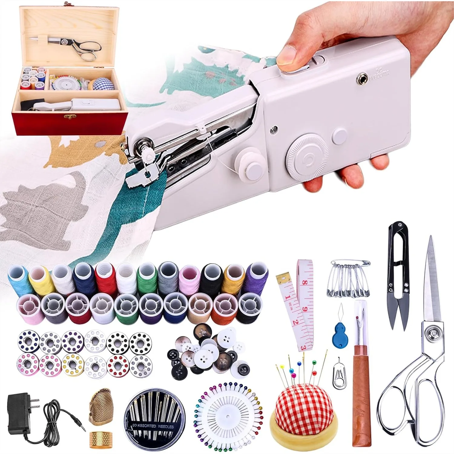 Handheld Sewing Machine with 143-Piece Sewing Kit, Red Wooden Sewing Box, Power Adapter & Heavy-Duty Scissors, Mini Portable for
Handheld Sewing Machine with 143-Piece Sewing Kit, Red Wooden Sewing Box, Power Adapter & Heavy-Duty Scissors, Mini Portable for