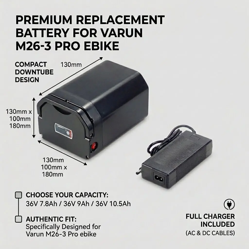 36V e-bike battery 7.8ah 9ah10.5ah for Varun M26-3 Pro Electric Bike with 2A case charger
36V e-bike battery 7.8ah 9ah10.5ah for Varun M26-3 Pro Electric Bike with 2A case charger