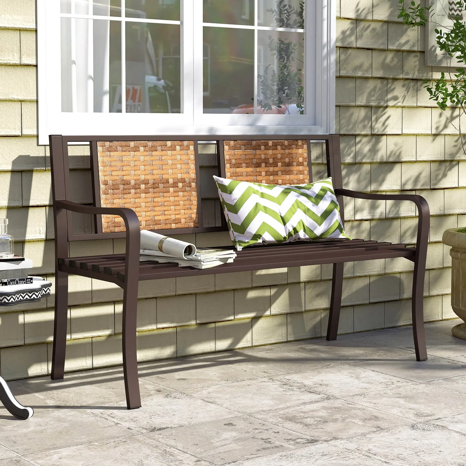 51" Patio Metal Bench for 2-3 w/ Rattan Backrest & Curved Armrests for Backyard
51" Patio Metal Bench for 2-3 w/ Rattan Backrest & Curved Armrests for Backyard