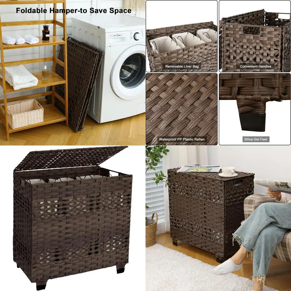 Foldable 140L Laundry Hamper with 3 Removable Liners, Synthetic Wicker Basket, 27x13x26, Brown
Foldable 140L Laundry Hamper with 3 Removable Liners, Synthetic Wicker Basket, 27x13x26, Brown