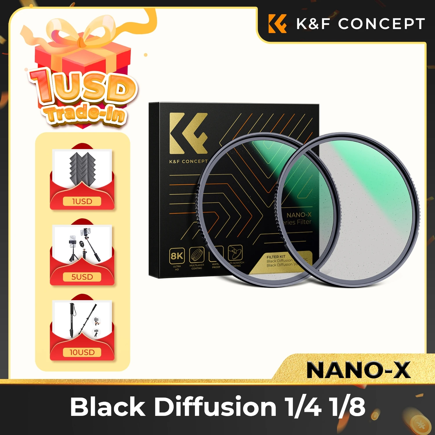 K&F Concept 49mm-82mm Black Diffusion Pro-Mist 1/4 1/8 Filter Kit Cinematic Effect Filter for Camera Lens
K&F Concept 49mm-82mm Black Diffusion Pro-Mist 1/4 1/8 Filter Kit Cinematic Effect Filter for Camera Lens