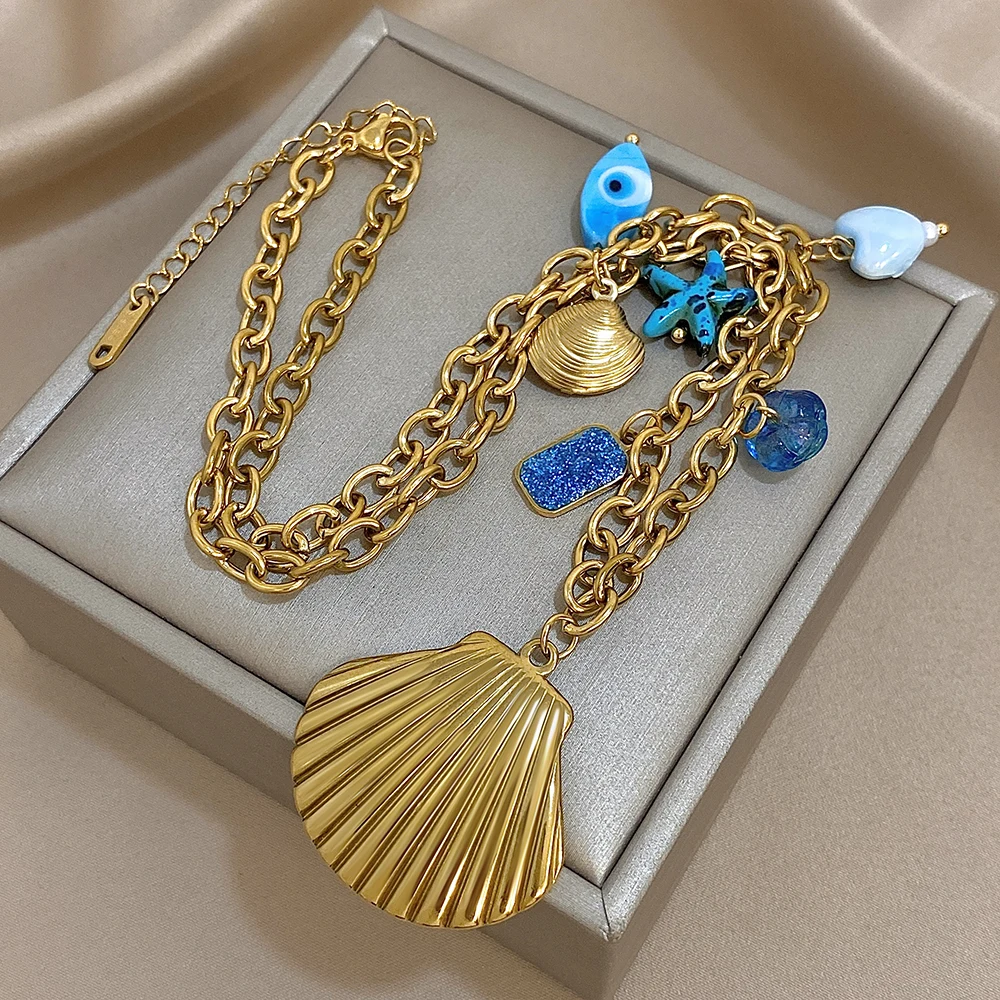 Boho Stainless Steel Large Conch Scallop Pendant Necklace for Women Blue Starfish Choker Summer Beach Neck Chain Jewelry Gift
Boho Stainless Steel Large Conch Scallop Pendant Necklace for Women Blue Starfish Choker Summer Beach Neck Chain Jewelry Gift