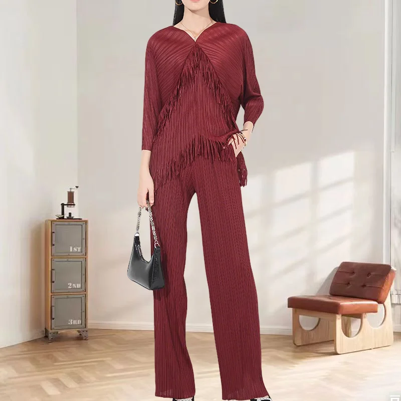 Miyake Pleated Pants Set Plisse Fold Fringe Patchwork V-neck Batwing Sleeve Pleat Top High Waisted Straight Leg Trousers Pleats
Miyake Pleated Pants Set Plisse Fold Fringe Patchwork V-neck Batwing Sleeve Pleat Top High Waisted Straight Leg Trousers Pleats