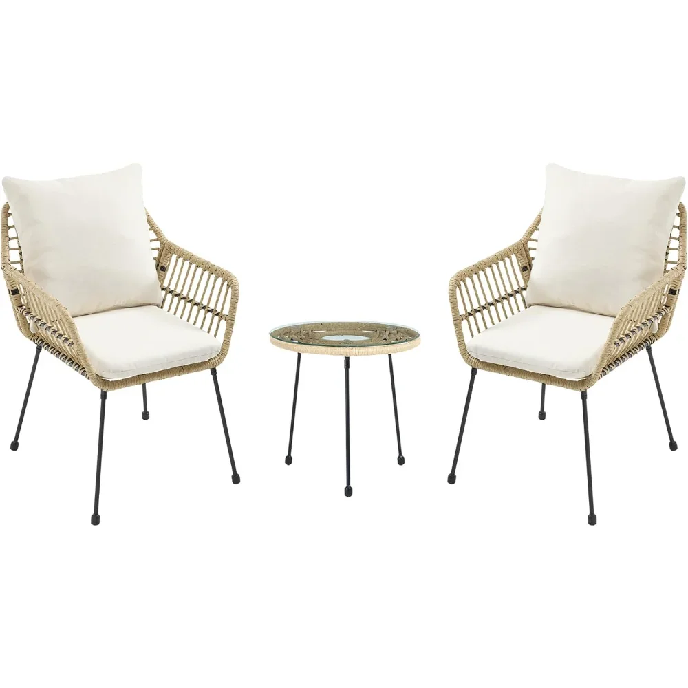 3 Pieces Patio Bistro Set, Upholstered Rattan Outdoor Chairs with Coffee Table, Metal Frame Bistro Table and Chairs Set of 2
3 Pieces Patio Bistro Set, Upholstered Rattan Outdoor Chairs with Coffee Table, Metal Frame Bistro Table and Chairs Set of 2