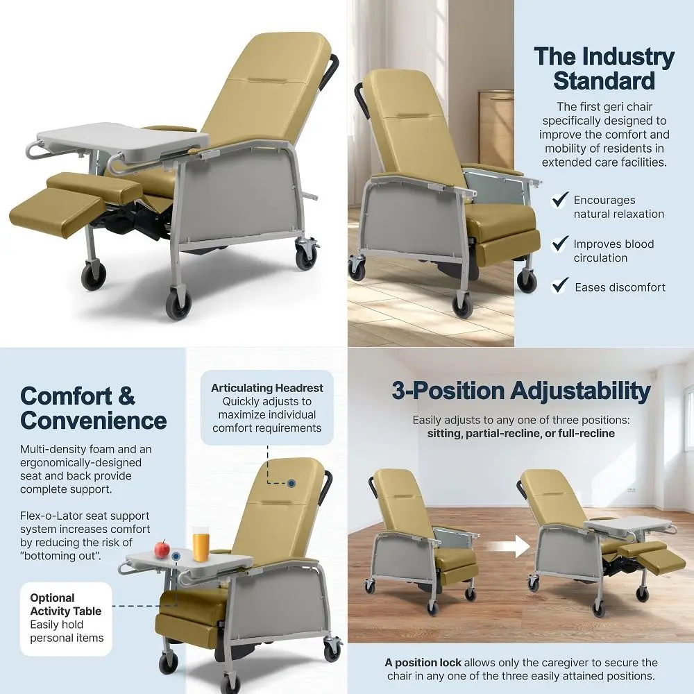 3Position Medical Recliner, Reclining Geri Chair with Wheels, Vintage Gold
3Position Medical Recliner, Reclining Geri Chair with Wheels, Vintage Gold