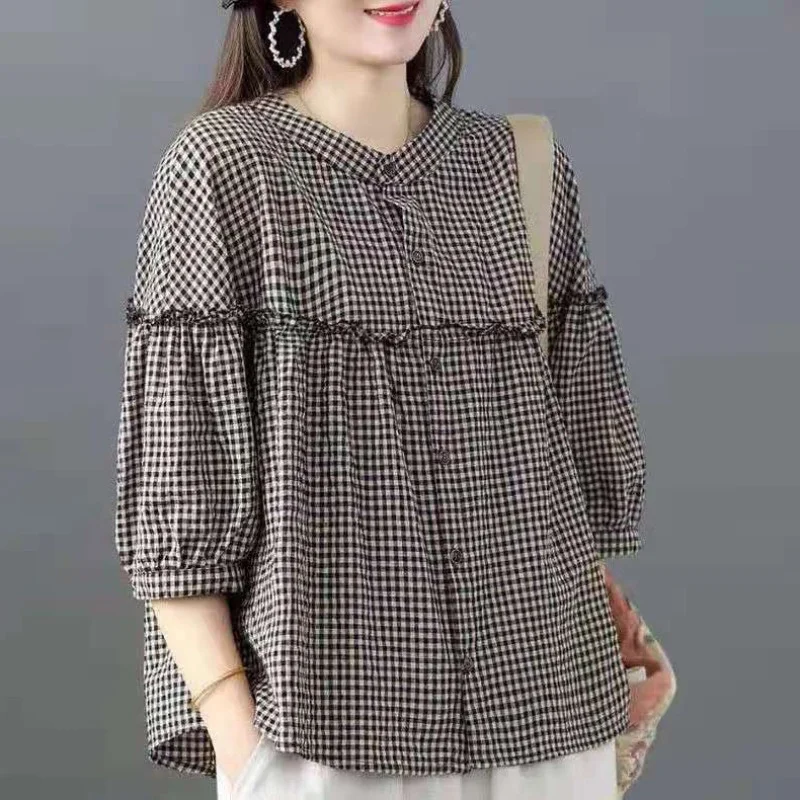 Women's Cotton Linen irt Gingham Pattern Tie Waist Doll Sle Long Sve round Ne Loose Fit Button up Office Casual Top
Women's Cotton Linen irt Gingham Pattern Tie Waist Doll Sle Long Sve round Ne Loose Fit Button up Office Casual Top