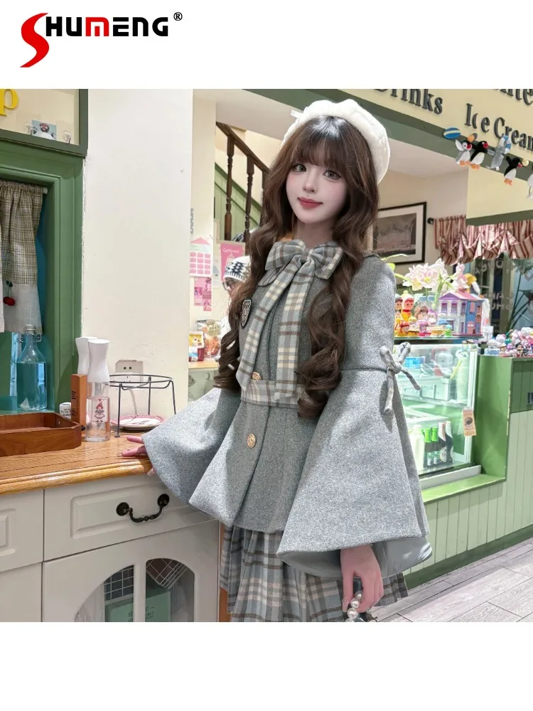 Japanese Elegant Sweet Girl 3D Bow Flare Sleeve Single-breasted Woolen Jacket High Waist Plaid Skirt Two-piece Sets Women Spring
Japanese Elegant Sweet Girl 3D Bow Flare Sleeve Single-breasted Woolen Jacket High Waist Plaid Skirt Two-piece Sets Women Spring