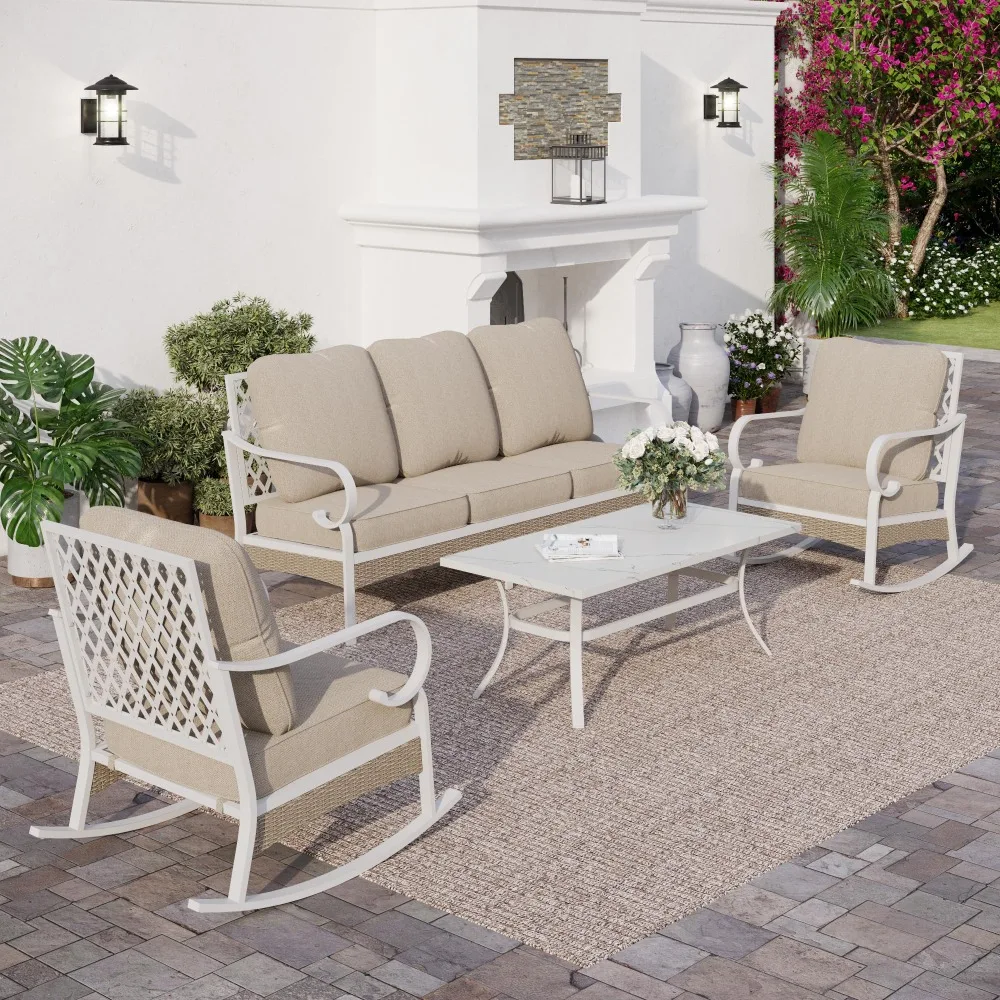 4 Piece Metal Outdoor Patio Furniture Sets, 1 2-Seater Sofa, 2 Single Sofa with 5.75" Thick Cushion and Coffee Table
4 Piece Metal Outdoor Patio Furniture Sets, 1 2-Seater Sofa, 2 Single Sofa with 5.75" Thick Cushion and Coffee Table