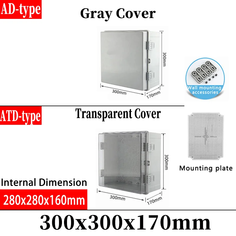 IP66 Waterproof Gray/Transparent Cover Enclosure Junction Box ABS Plastic Outdoor Electronic Instrument Hinge Box 300x300x170mm
IP66 Waterproof Gray/Transparent Cover Enclosure Junction Box ABS Plastic Outdoor Electronic Instrument Hinge Box 300x300x170mm