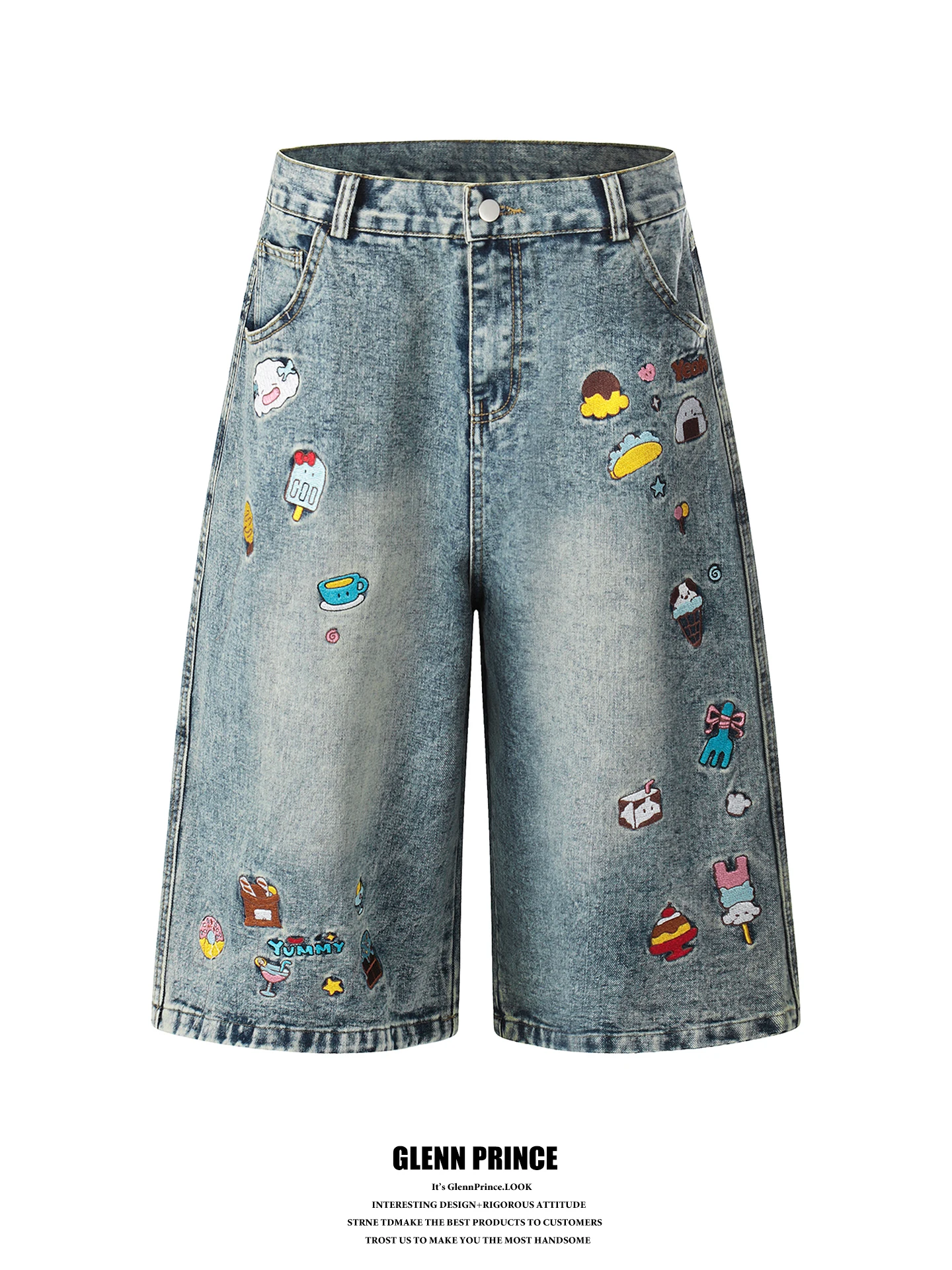 American Retro Cartoon Embroidery Denim Shorts Men Summer Loose Wide Leg Seven Points Pants Breathable Straight Tube Jeans
American Retro Cartoon Embroidery Denim Shorts Men Summer Loose Wide Leg Seven Points Pants Breathable Straight Tube Jeans