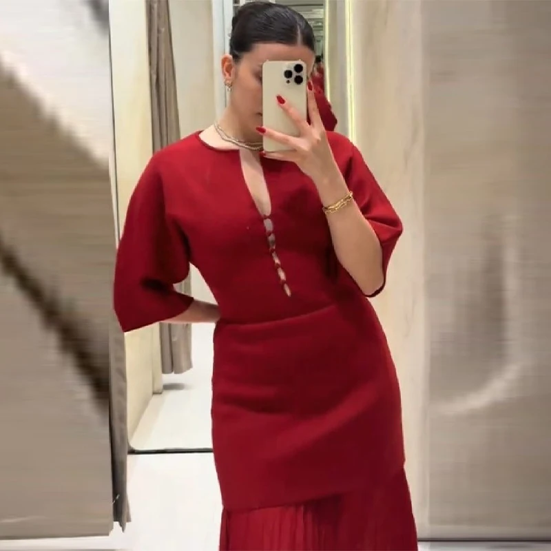 Red Two-piece Maxi Dress Women Elegant Half Sleeve Peplum Top Pleated Skirt Set For Wedding Guest Party Evening 2026
Red Two-piece Maxi Dress Women Elegant Half Sleeve Peplum Top Pleated Skirt Set For Wedding Guest Party Evening 2026