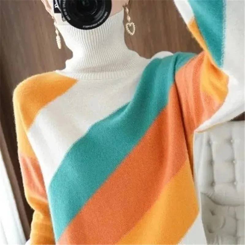 2024 Women's Turtleneck Sweater Autumn Winter New Style Inner Knitted Sweater Loose Thick Stripe Pullovers Contrast Color Jumper
2024 Women's Turtleneck Sweater Autumn Winter New Style Inner Knitted Sweater Loose Thick Stripe Pullovers Contrast Color Jumper