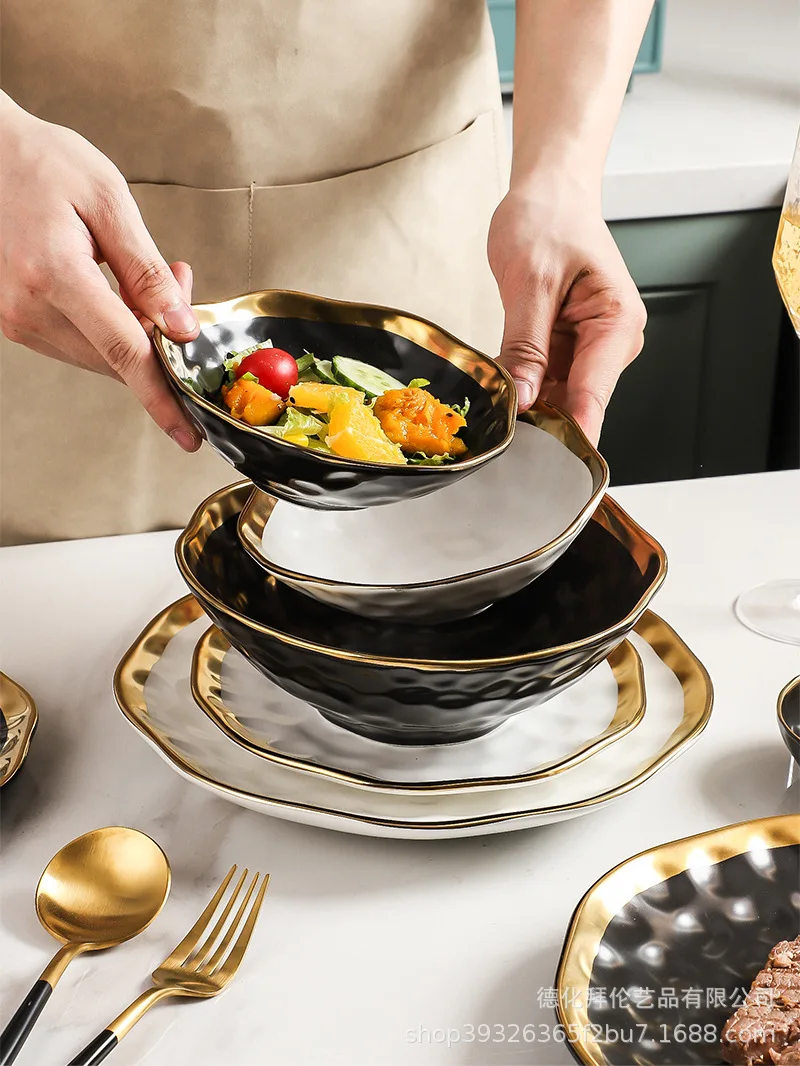 Gold plated Western style steak plate, matte ceramic bowl and plate set, large conical hat bowl combination
Gold plated Western style steak plate, matte ceramic bowl and plate set, large conical hat bowl combination