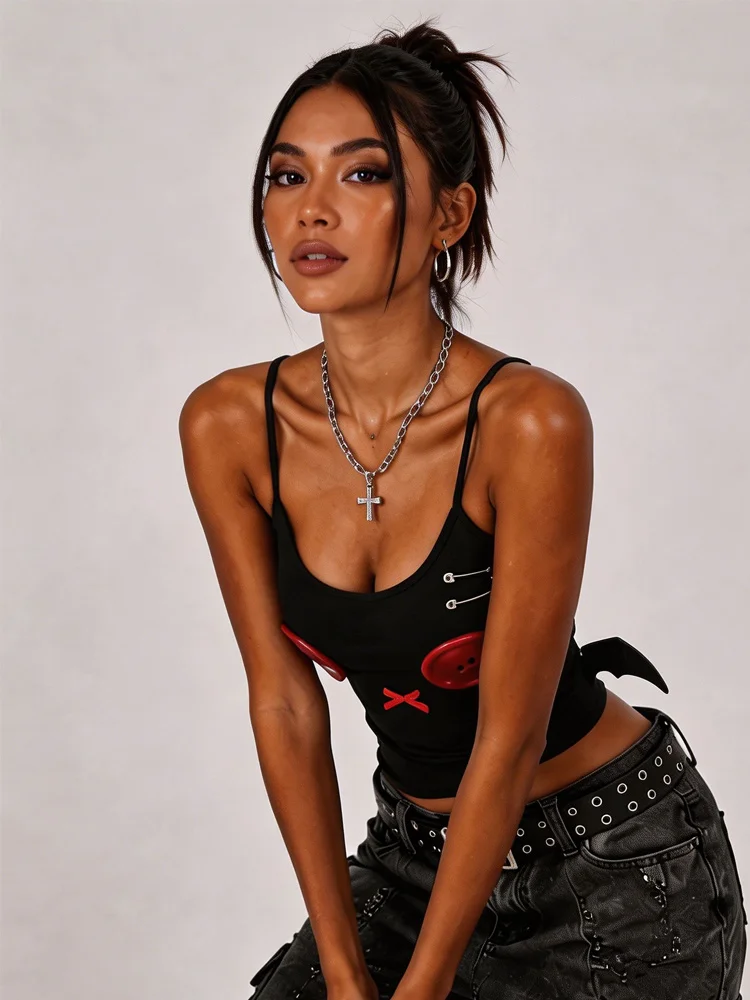 Summer women's gothic punk button print devil wing slim fit U-neck spaghetti strap sleeveless Y2K subculture vest
Summer women's gothic punk button print devil wing slim fit U-neck spaghetti strap sleeveless Y2K subculture vest