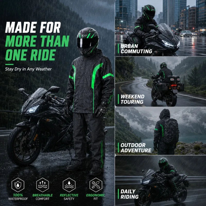 Waterproof Motorcycle Raincoat Set with Reflective Details, Windproof Jacket & Pants for Daily Riding
Waterproof Motorcycle Raincoat Set with Reflective Details, Windproof Jacket & Pants for Daily Riding