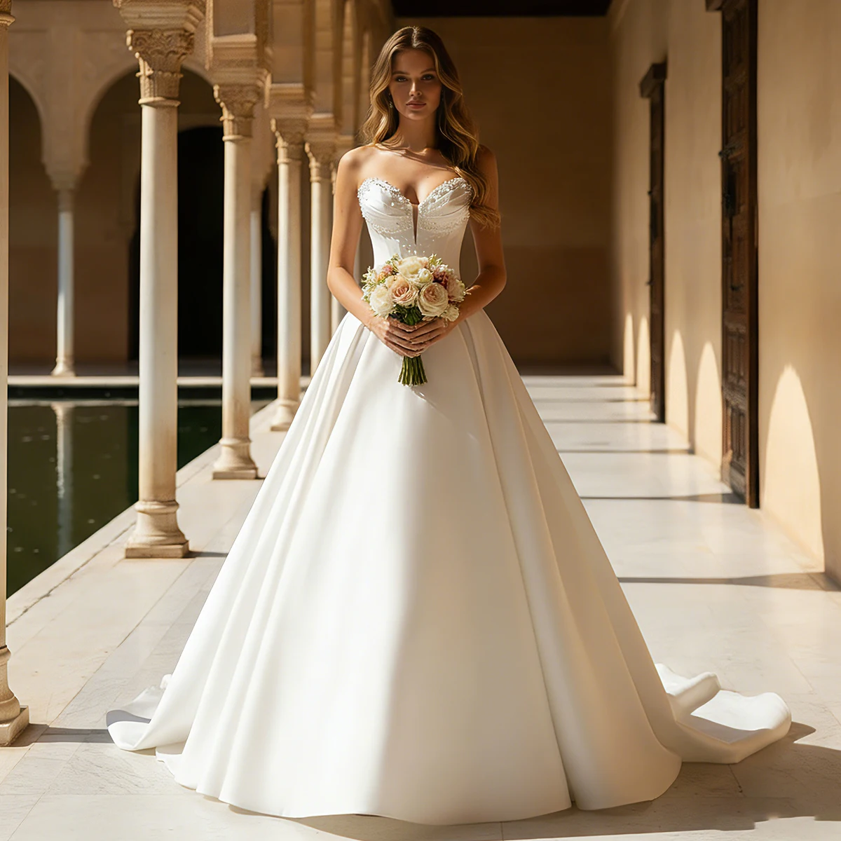Elegant Beaded Strapless Wedding Dress 2025 A Line Satin Bridal Gown For Party Pleated Long Ball Gown With Train
Elegant Beaded Strapless Wedding Dress 2025 A Line Satin Bridal Gown For Party Pleated Long Ball Gown With Train